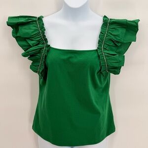 Marc New York Green Ruffle Rhinestone Trim Square Neck Top Blouse Large